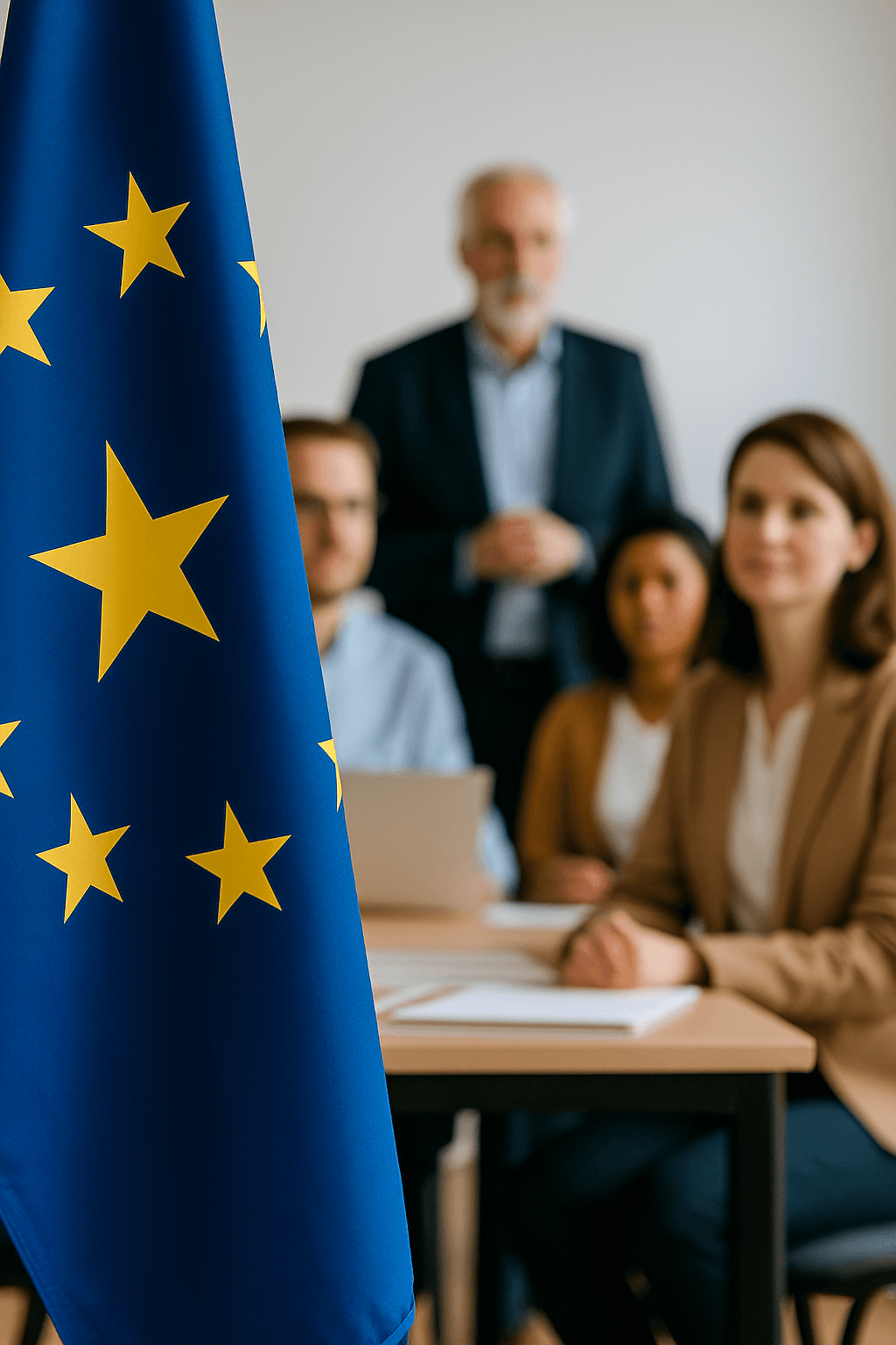 Europaflagge und Teilnehmergruppe